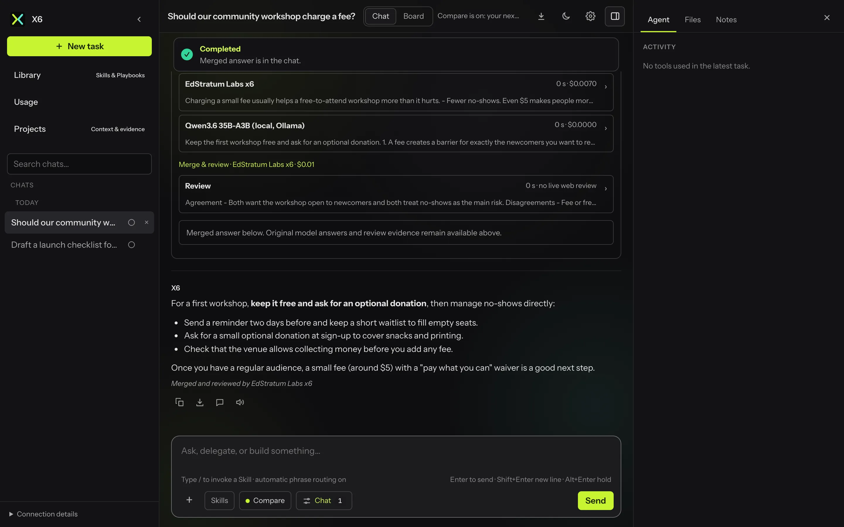 The review and the merged answer, with both original answers still available above