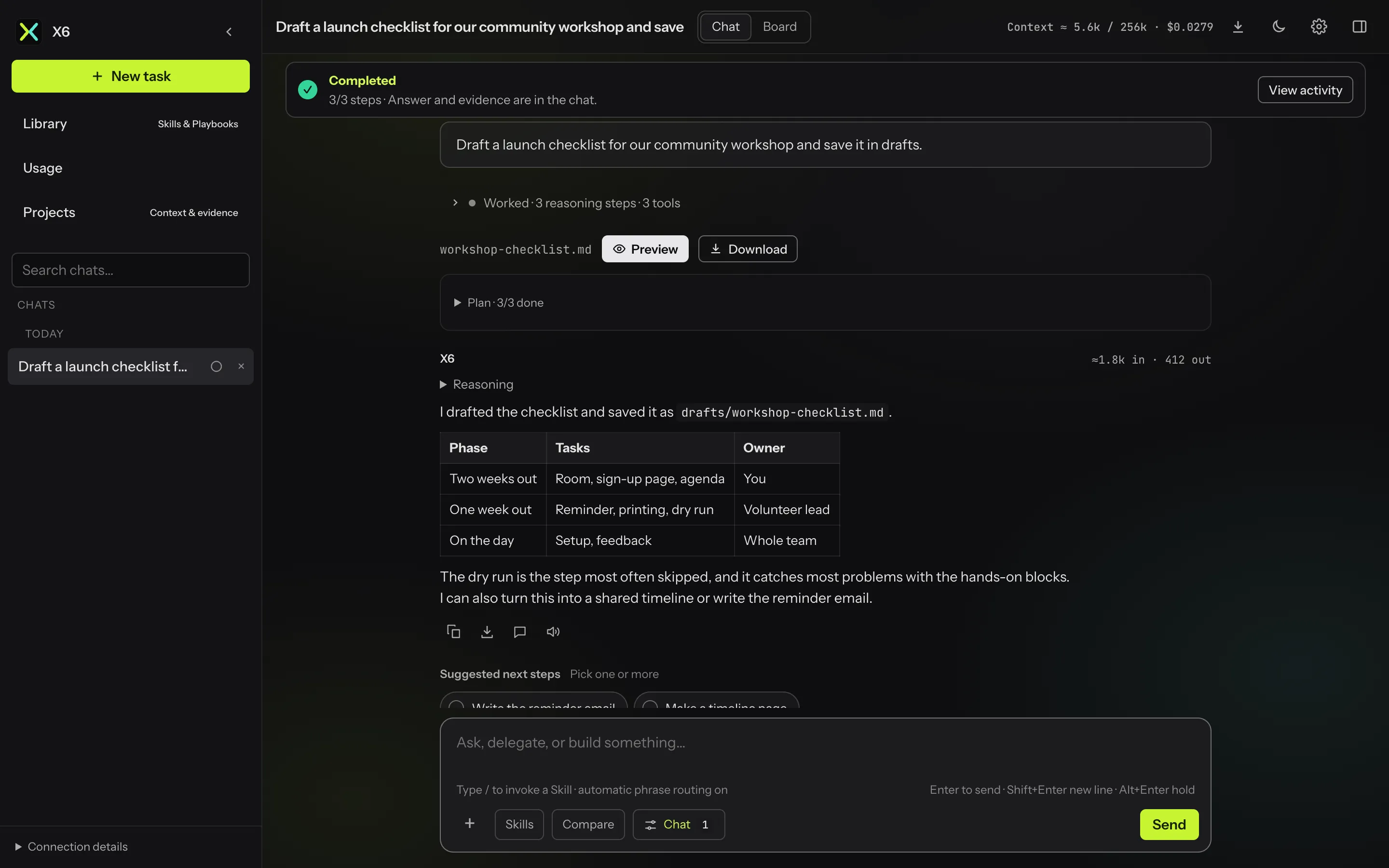 The conversation on its own, with the agent panel closed