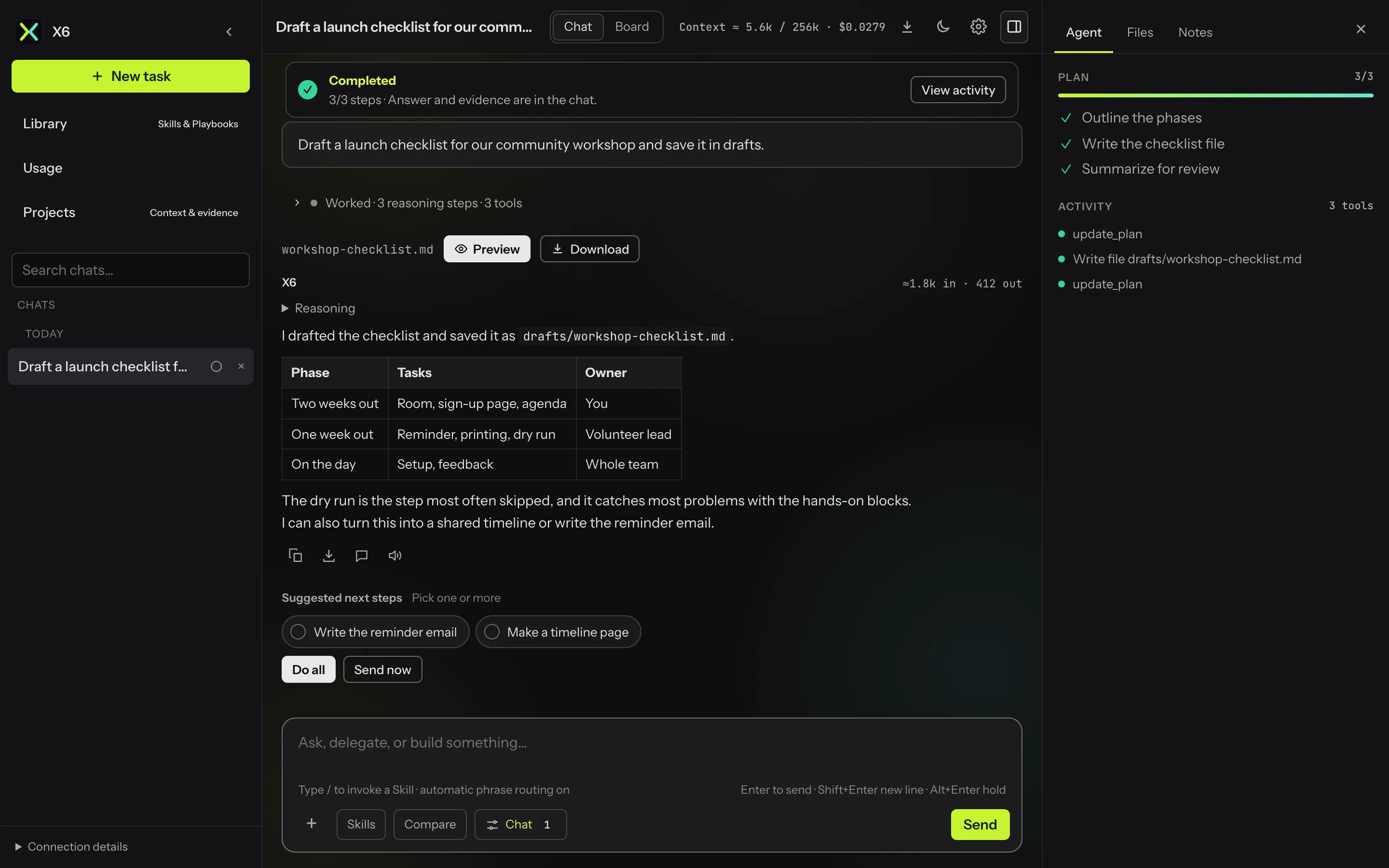 A finished task with the sidebar, conversation, and agent panel all open