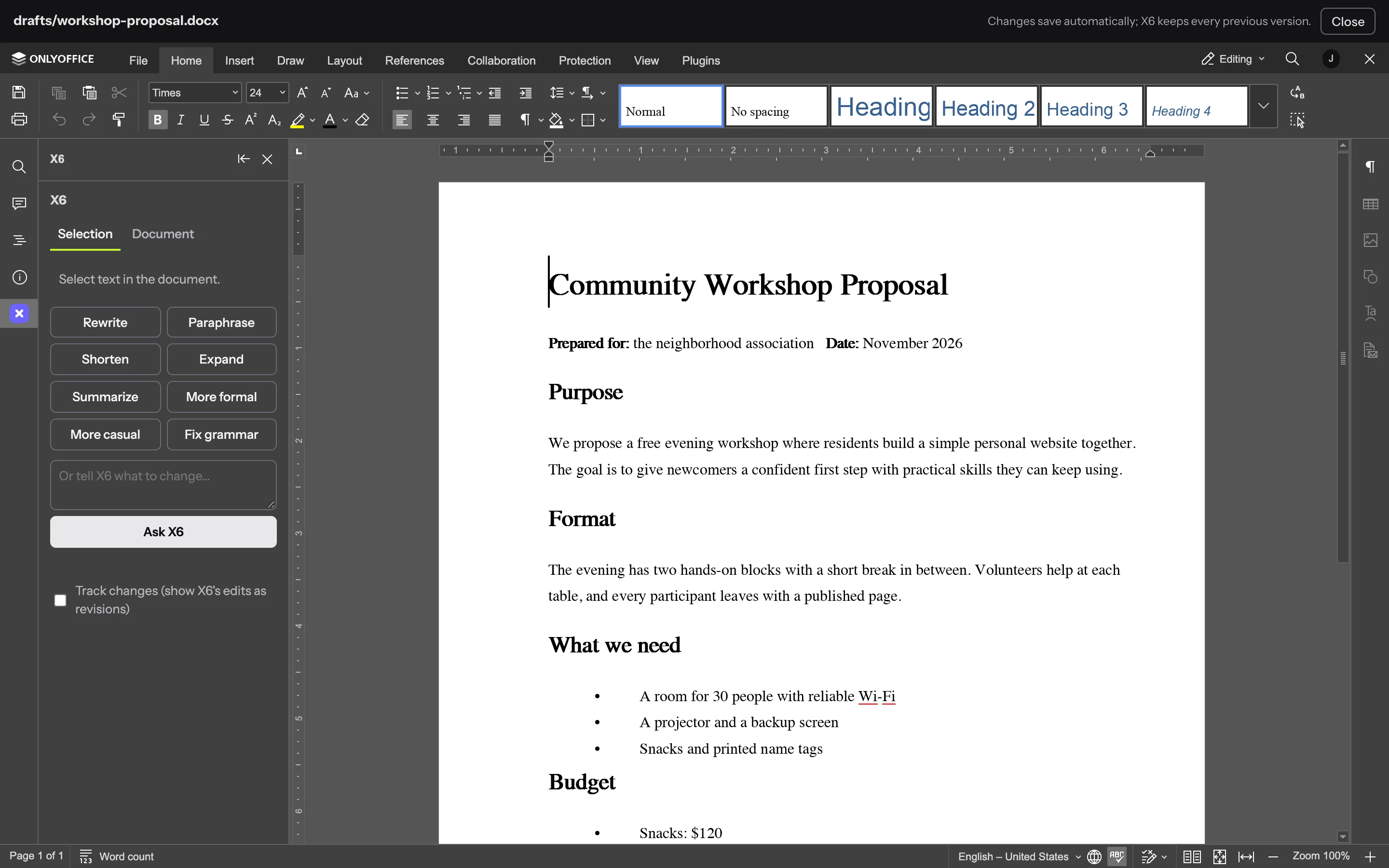 The document editor with X6’s panel open beside a proposal